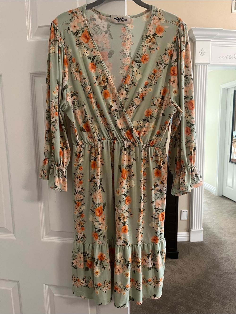 Haptics Sage Green Floral Midi Wrap Dress with Orange Bloom with pockets